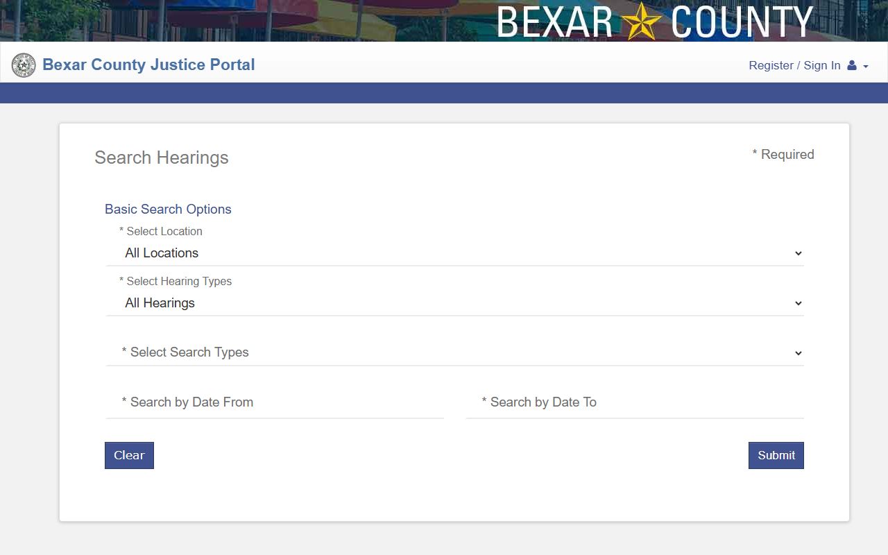Bexar County court dockets Search Hearings tool on the Justice Portal