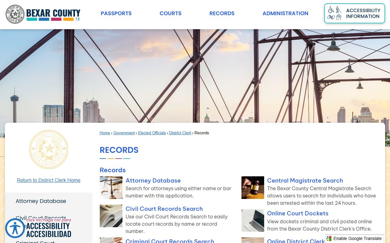 Bexar County court records District Clerk records page