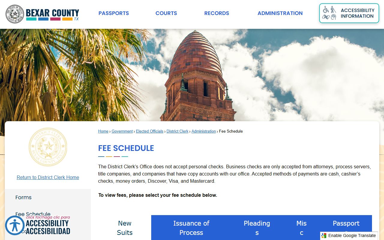 Bexar County arrest records District Clerk fee schedule