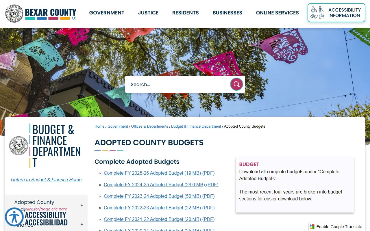 Bexar County district court funding shown on the adopted county budgets page