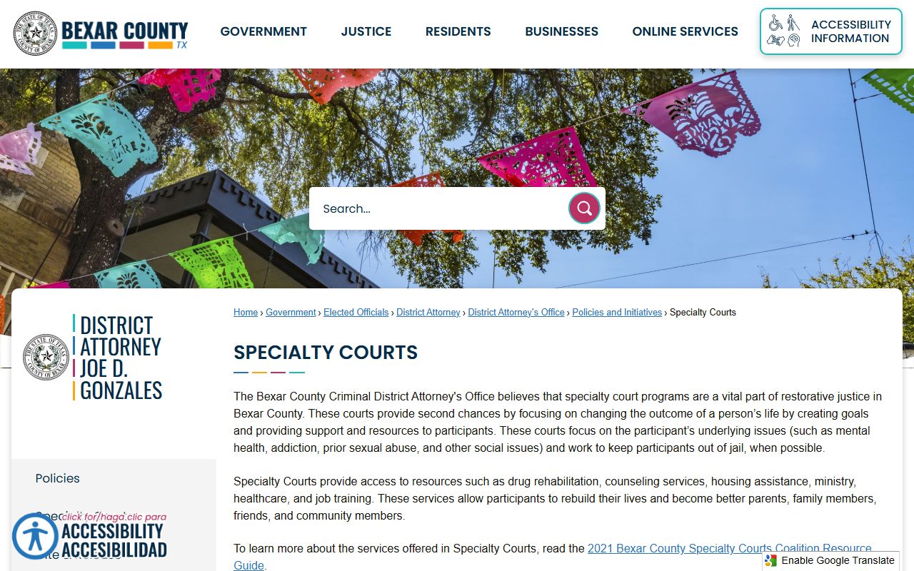 Bexar County district court specialty courts page listing problem-solving programs
