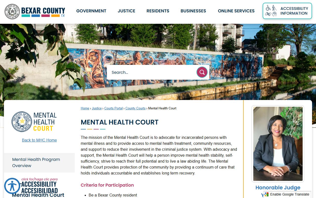 Bexar County district court criminal Mental Health Court program page
