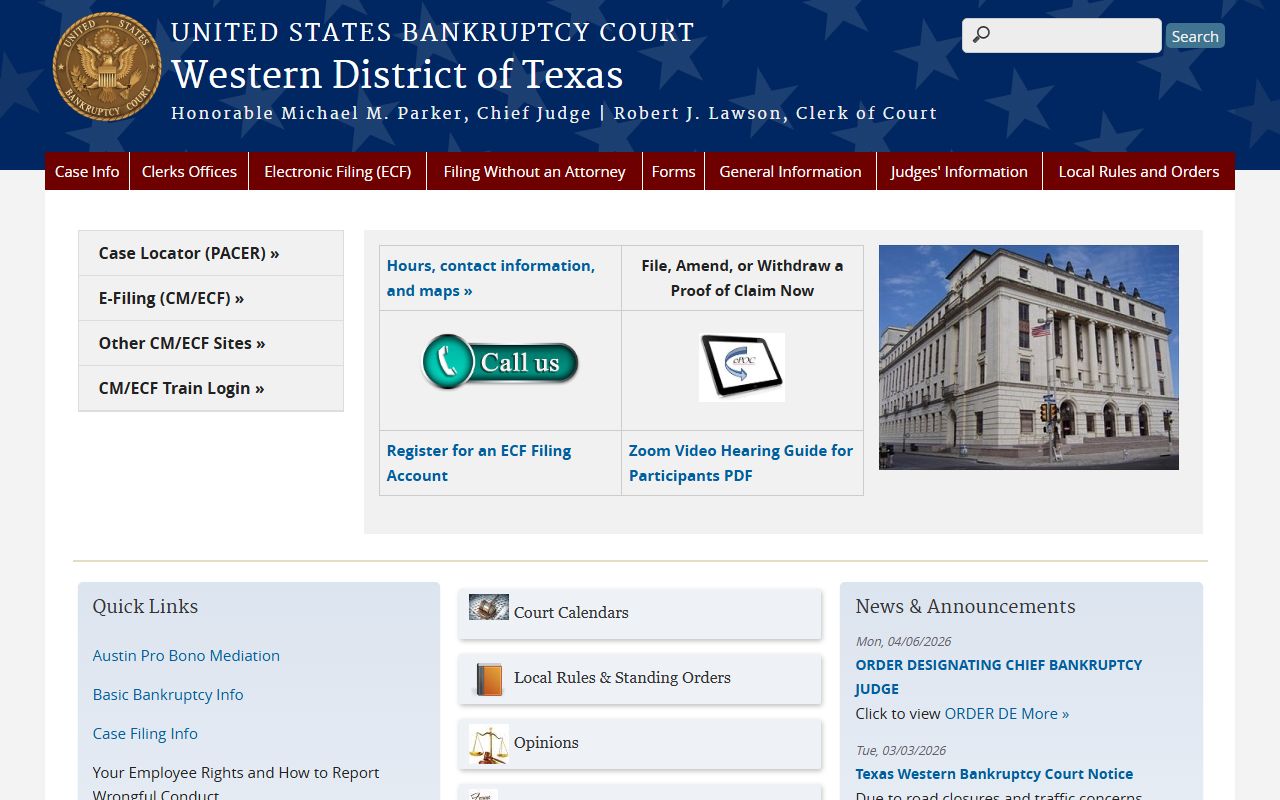 Bexar County federal court records Western District bankruptcy court home page