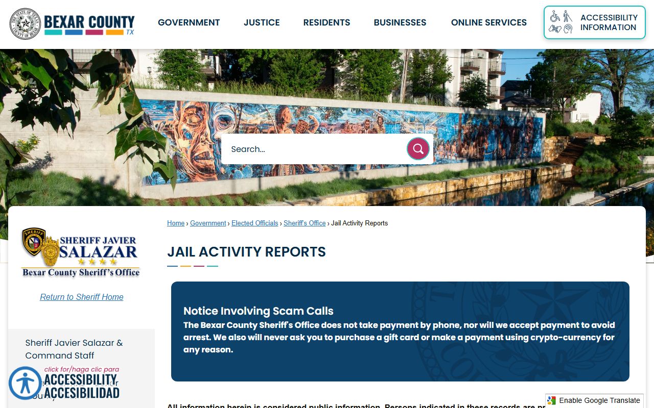Bexar County inmate records Jail Activity Reports page with public information notice