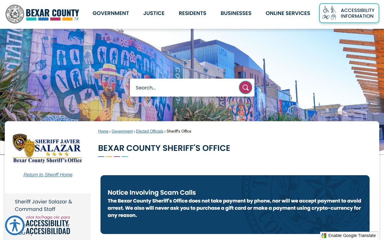 Bexar County inmate records Sheriff's Office page with jail and inmate links
