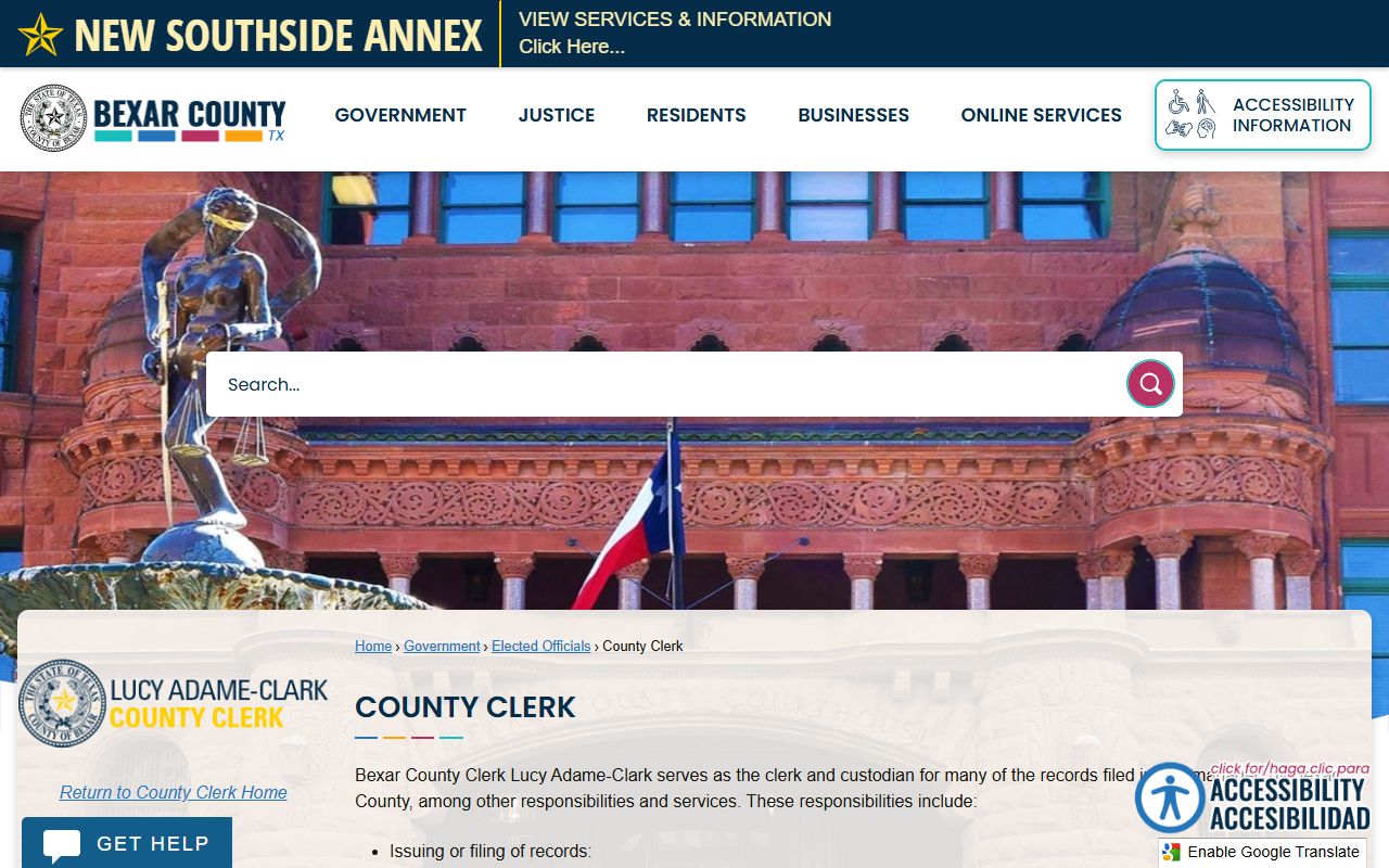 Bexar County marriage records on the County Clerk home page