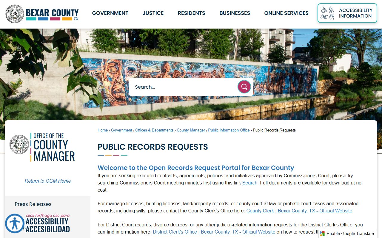 Bexar County public records open records routing page