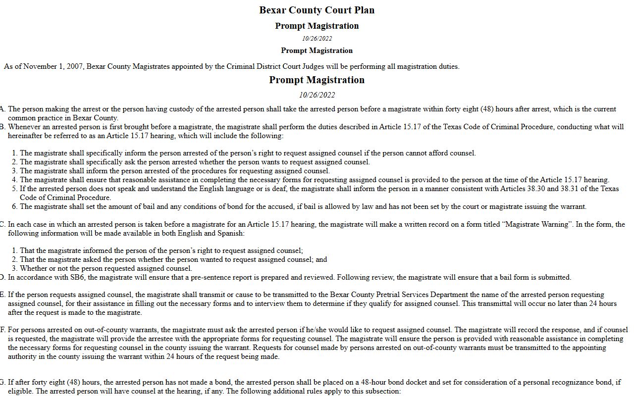 Bexar County warrant records indigent defense plan for appointed counsel