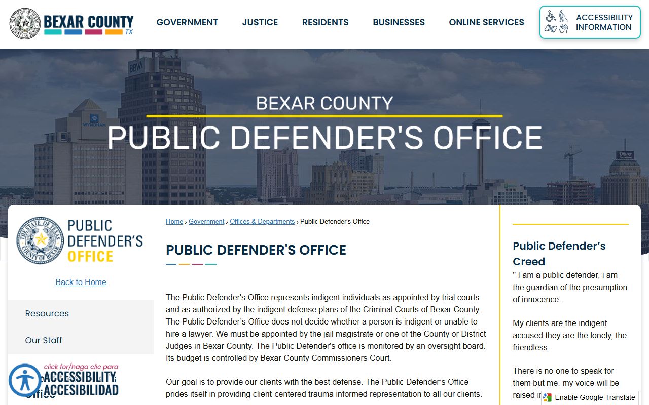 Bexar County warrant records Public Defender's Office for appointed counsel